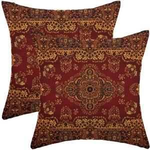 AEIOAE Boho Pillow Covers 20 x 20 Inch Set of 2 Red Gold Bohemian Decorative Throw Pillow Outdoor Linen Square Farmhouse Vintage Retro Carpet Pillowcases for Sofa Couch Home Decor