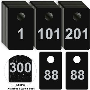 600Pcs Number Tags Plastic Check Tags 2 Part 1.5x2.5inch Coat Check Tickets 10mil Number Cards 1 to 300 with Hole Reusable Coat Room Tags Claim Ticket for Closet Organization Raffle Draws