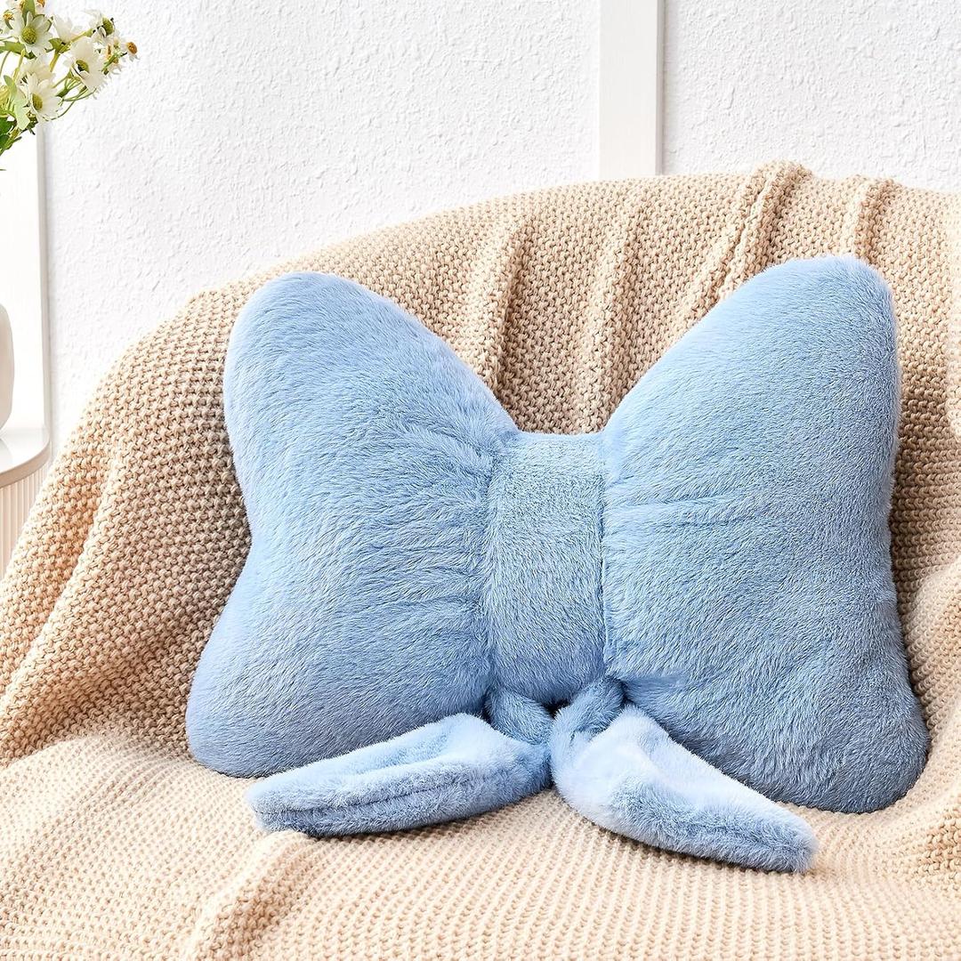 Dusty Blue Bow Pillow,12'' Bow Decorative Pillows with Faux Rabbit Fur,Soft Bow Throw Pillows Aesthetic Bow Shaped Pillow for Bed Sofa Couch Home Decor
