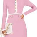 ZESICA Women's Fall Long Sleeve Bodycon Sweater Dress Crewneck Button Knit Color Block Party Mini Dresses (Pink, S)