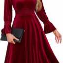 Meetjen Women's Velvet Midi Dress V Neck Long Sleeve Elastic Waist Smocked Elegant Cocktail Party Dresses 2025 (S, Dark Red)