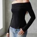 Women's Off The Shoulder Tops Fall Fold Over Long Sleeve Fitted T Shirts Going Out Outfits (Black, S)