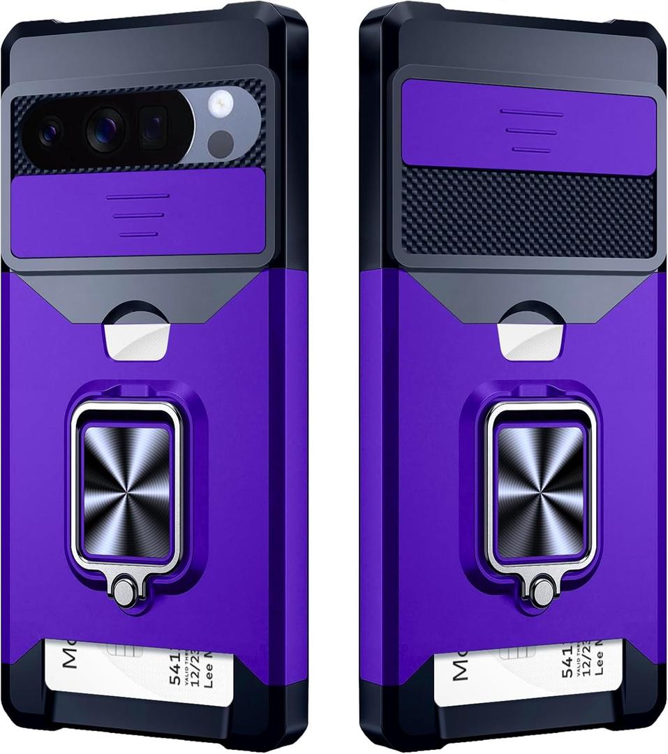 Multifunctional Google Pixel 10 Pro XL Case with Card Holder and Sliding Camera Cover - Wireless Charging Compatible Pixel 10 Pro XL Wallet Case with Magnetic Kickstand (Purple)