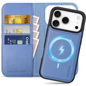 SHIELDON Detachable Genuine Leather Wallet Case for iPhone 17 Pro 6.3" | Wireless Charging, Flip Magnetic Closure, RFID Blocking Credit Card Holder, Kickstand, Shockproof - Wisteria Purple