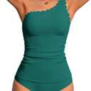 ANFILIA One Shoulder Two Piece Tankini Swimsuits for Women Tummy Control Bathing Suit Scalloped Tankini Top with Bottom (Large, Jade Green)