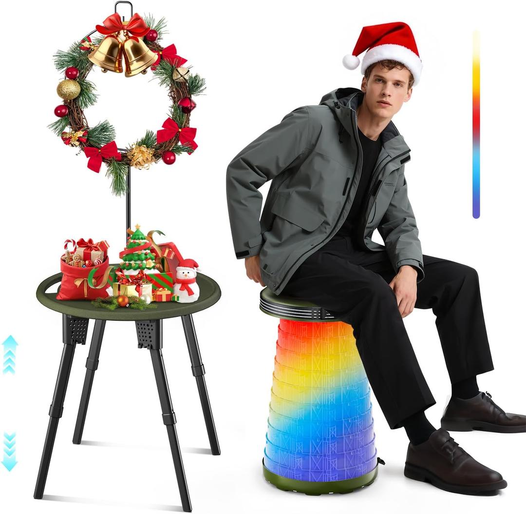 LED Camping Table Set with Stools, 300lbs Capacity Adjustable Height Folding Table & Chairs, All-in-One Compact Design for Outdoor, Camping, Picnic, Tailgating (Green)