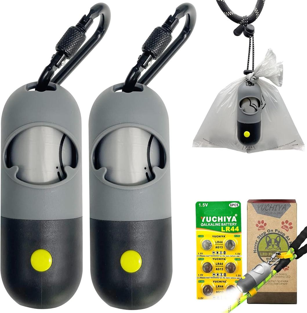 Dog Poop Bags Holder with LED Flashlight|Pet Waste Bags Dispenser for Leash|Doggie Potty Bags Container with Leak-proof Pet Trash Bags and Accessories (2 Holders 30 Bags, Grey and Black) (1 Count (Pack of 2))
