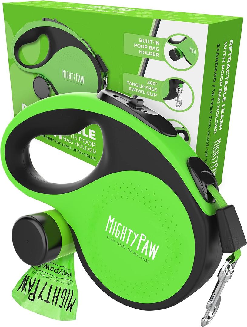 Mighty Paw Retractable Leash with Built-in Poop Bag Holder | 16' Long Retractable Dog Leash for Small Dogs, Medium Breeds & Large Pets with Tape for Quick Control. Poop Bags Included (50 - 110 lbs (Most Popular), Deluxe Green)
