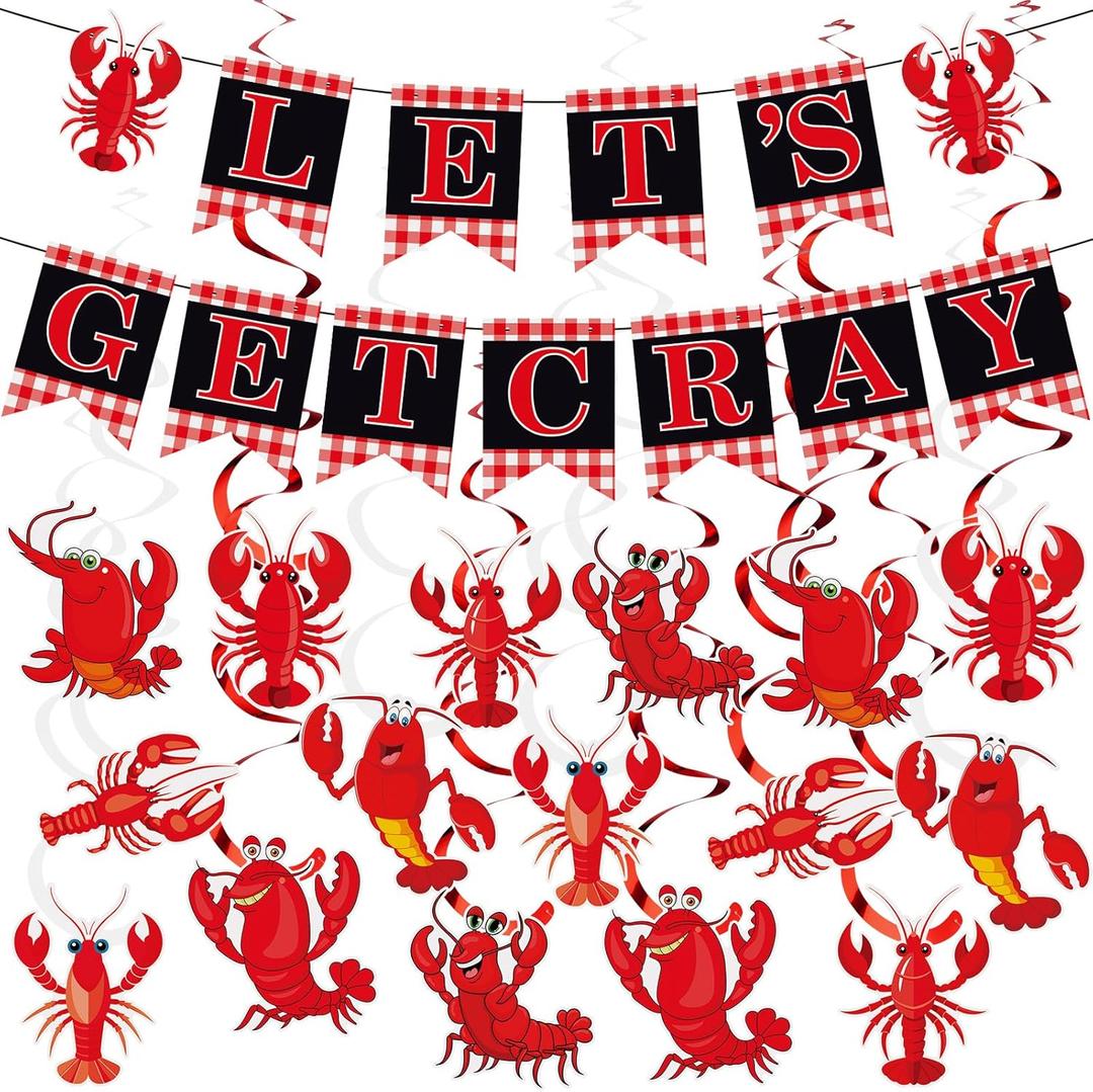35 Pcs Crawfish Boil Party Supplies Let's Get Cray Banner for Crab Boil Party Supplies, Lobster Decorations Banner Lobster Hanging Swirls Decor for Cray Festival Holiday Celebrating Event