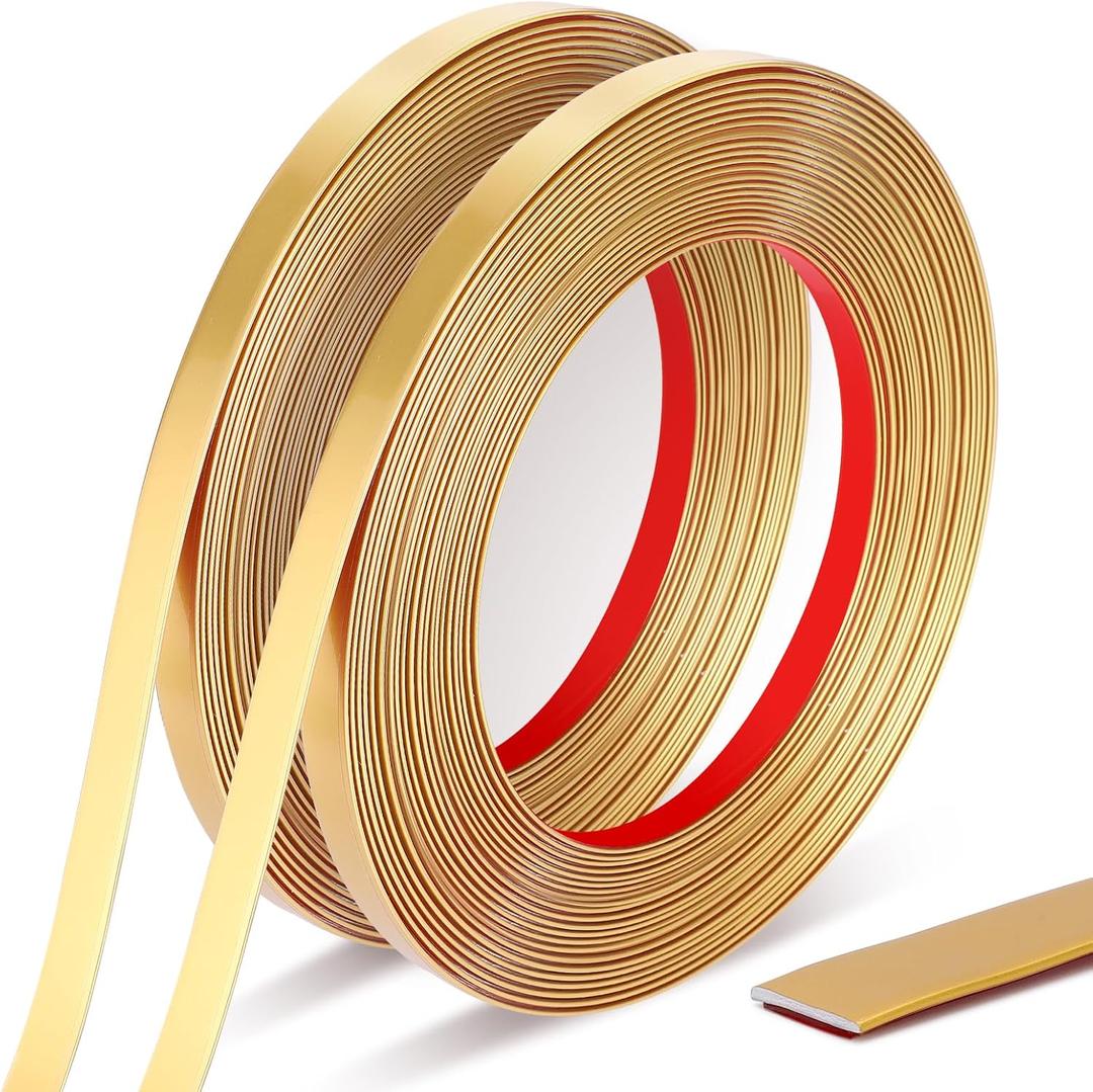 Gold Trim Peel and Stick 0.4'' W 394''L Total Gold Tape, 2 Rolls Self-Adhesive Molding Trim Tape for Mirror Frame Border Walls Cabinet Tile Decorative