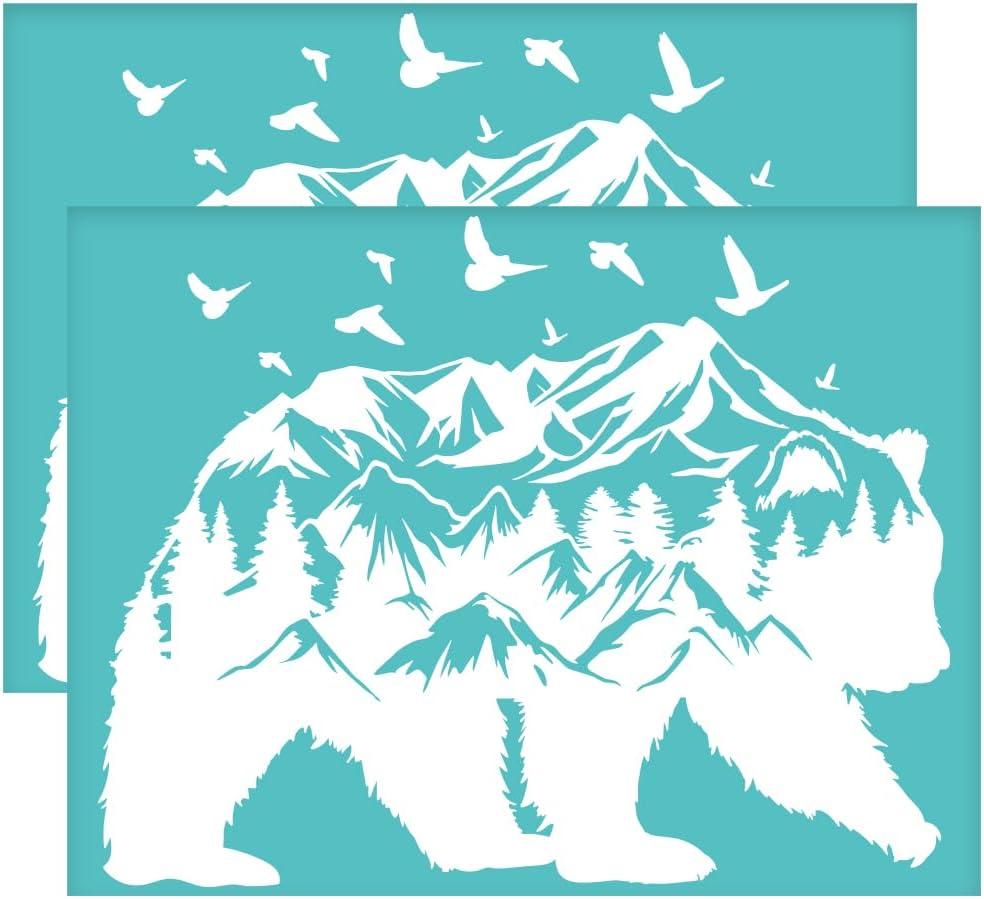 OLYCRAFT 2Pcs 11x8.6 Inch Bear Self-Adhesive Silk Screen Printing Stencil Mountain Forest Bird Silk Screen Stencil Animal Theme Reusable Mesh Stencils Transfer for DIY T-Shirt Fabric Painting