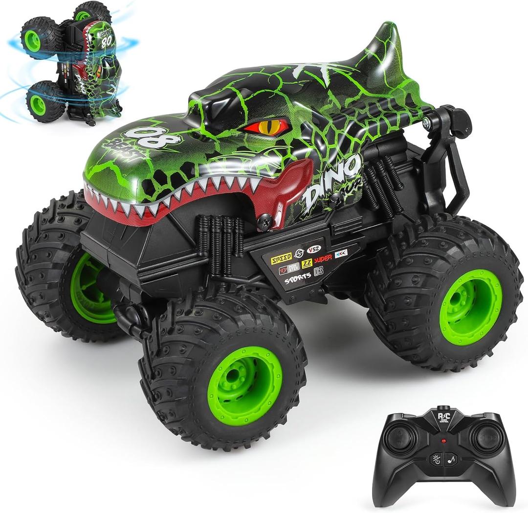DYODYORC Remote Control Car, 2.4Ghz All Terrain Dinosaur Monster Truck Toys, RC Truck with Music, 3 Lighting Effects, 360 Stunt Capable, 2 Batteries Ready to Run, Toy Gifts for Boys and Girls (Green)
