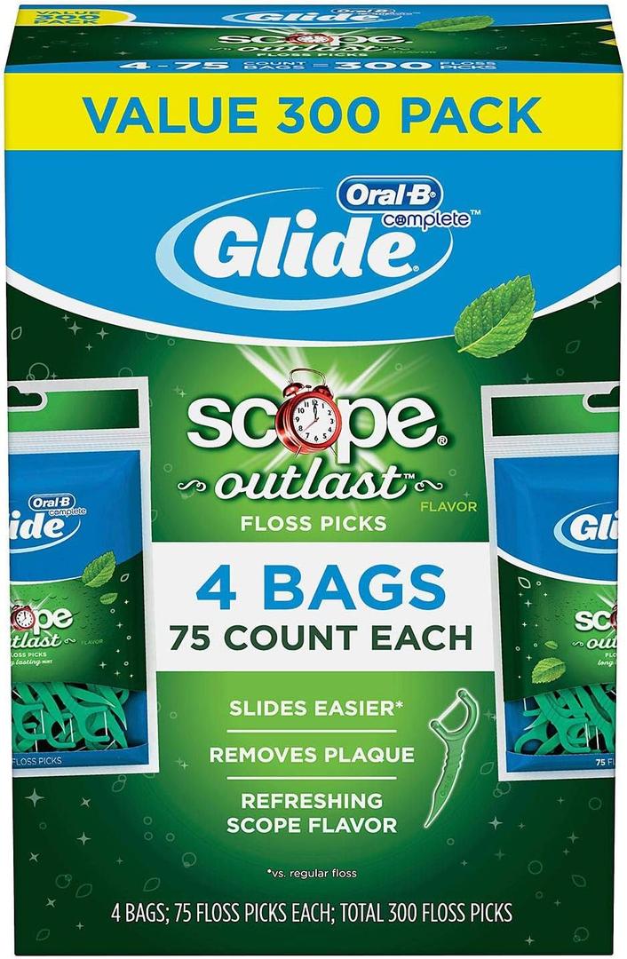 Glide Oral B Floss Picks Plusx 40mm Outlast - Long Lasting Mint, 4 Pack of 75