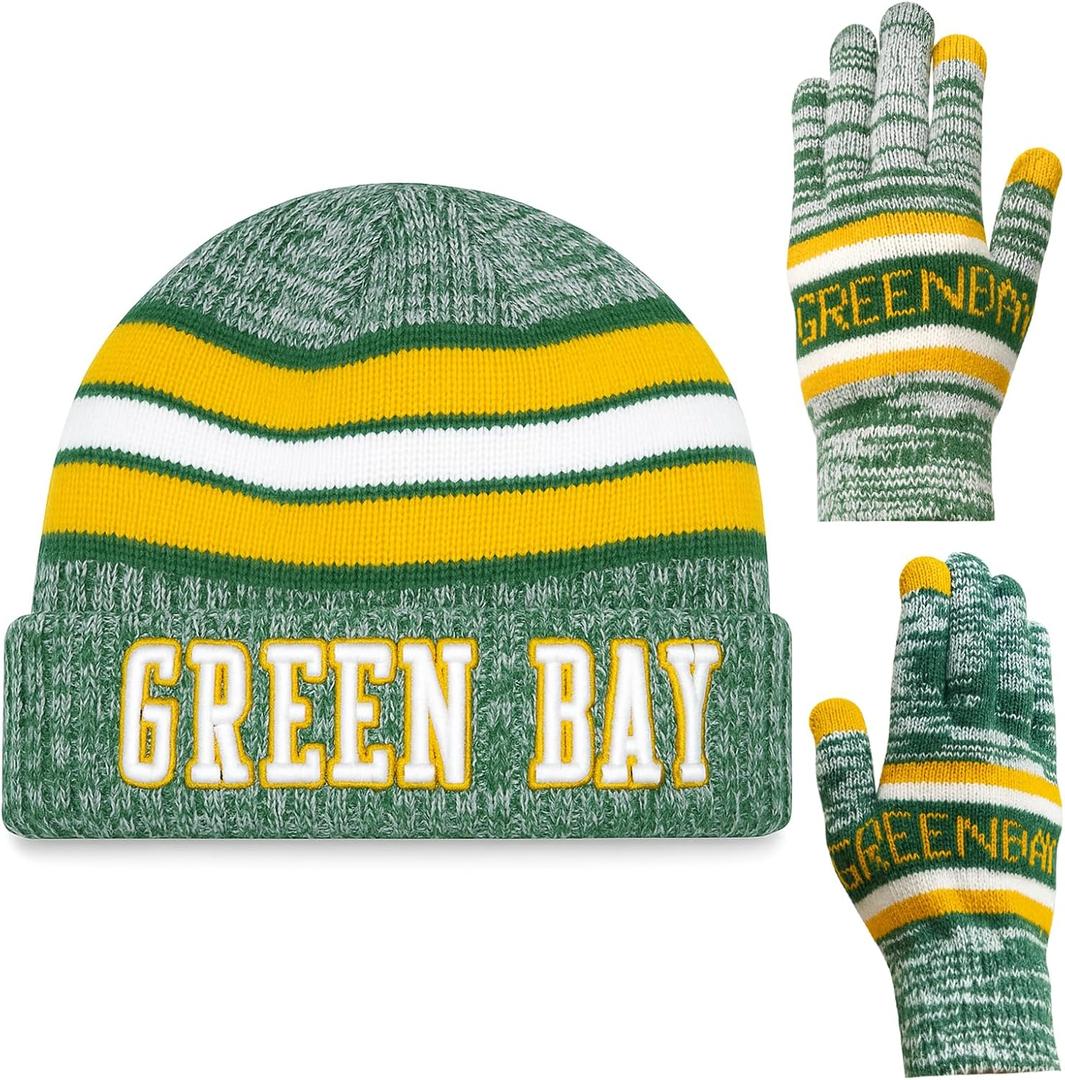 Vintage Classic Skull Cap 3D Embroidery Beanie Cuffed Winter Hat Knit Comes with Warm Gloves Fasion Gifts for Men Women Fans (Green Bay P)