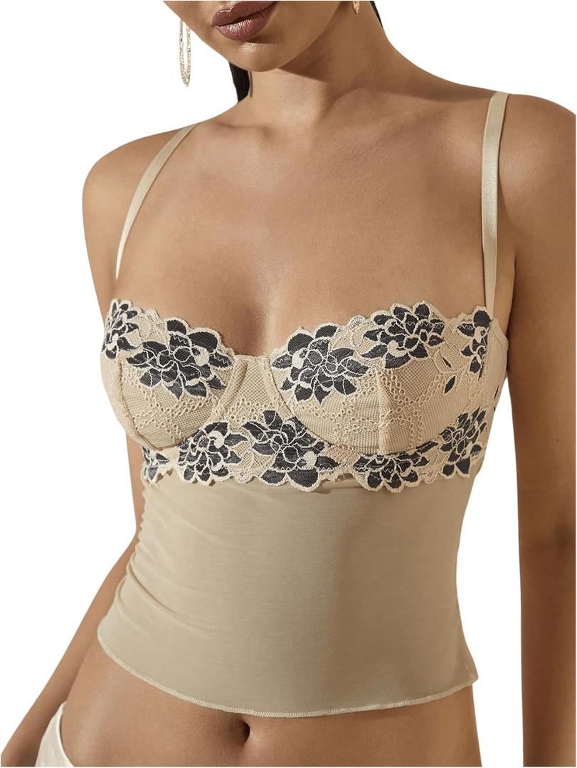 SOLY HUX Women's Floral Lace Trim Camisole Spaghetti Strap Fitted Shirt Top Summer Crop Cami Tops (L)