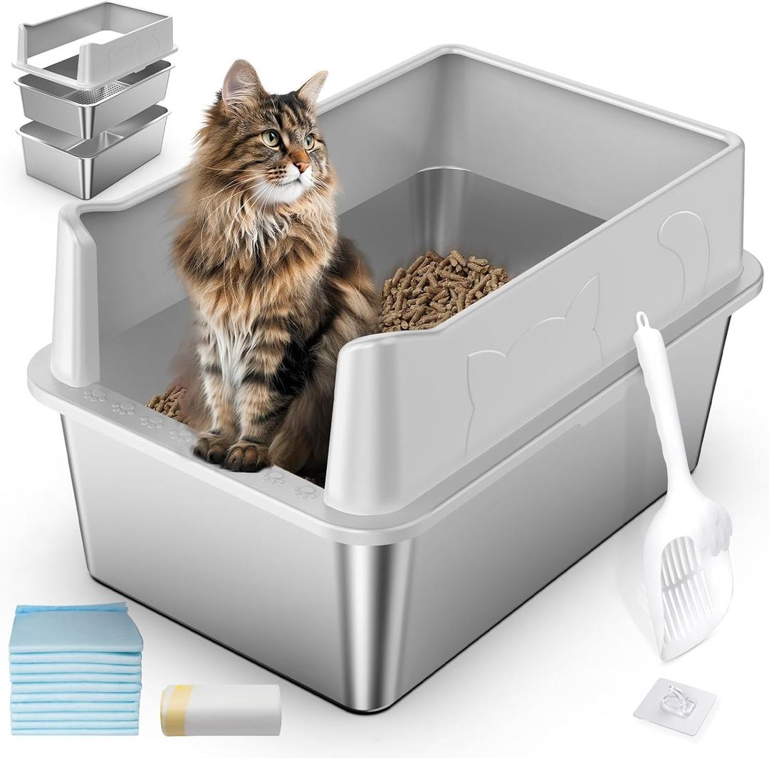 Stainless Steel Sifting Litter Box, 23.6" L x 15.7" W x 13" High Sided Metal Sifting Cat Litter Box for Pine Pellets, Enclosed Sifting Box with Lid, Anti-Leakage, Easy Clean for Big and Multiple Cats Stainless Steel Sifting Litter Box, 23.6" L x 15.7" W x 13" High Sided Metal Sifting Cat Litter Box for Pine Pellets, Enclosed Sifting Box with Lid, Anti-Leakage, Easy Clean for Big and Multiple Cats