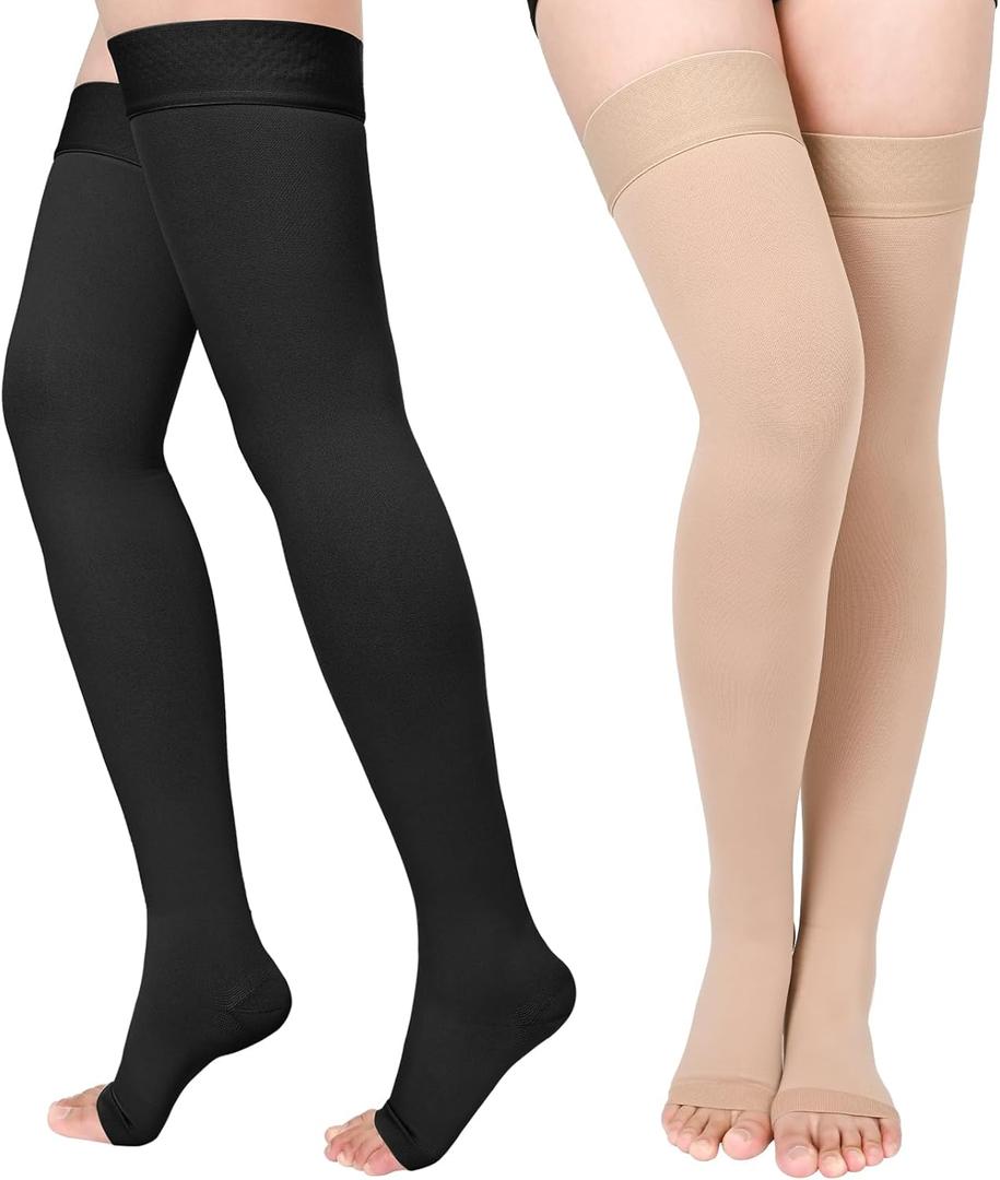 Compression Stockings for Women & Men, 2 Pairs 15-20mmHg Thigh High Compression Socks for Varicose Veins, Swelling, Pregnant (Small, Open Toe/Black*Beige/2 Pair)