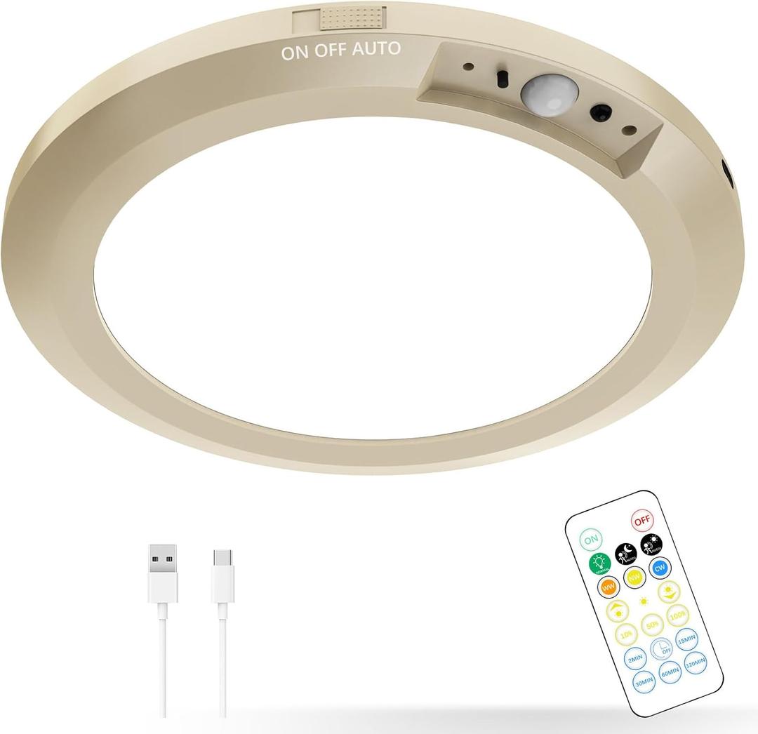 Battery Operated LED Celling Lights Fixture with Auto Motion Sensor, Smart Body Sensor Ceiling-mounted Lamps with 3 Colors/Brightness, Motion Detection Magnetic Celling Lights for Closet Shower-Gold