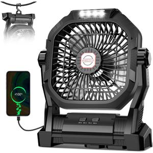 Camping Fan Rechargeable, 20000mAh Battery Powered Portable Fan with LED Light & Hook, 4-Speed 270 Adjustable, Camping Essentials for Tent, Travel, Car, Outdoor, Indoor, BBQ, Fishing, Jobsite