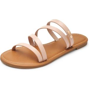 Trary Women's Flat Sandals, Round Open Toe Multi Strap Slide Sandals with Metal Accent, Strappy Dressy Summer Flip Flops Comfortable Casual Beach Shoes for Women US 7.5