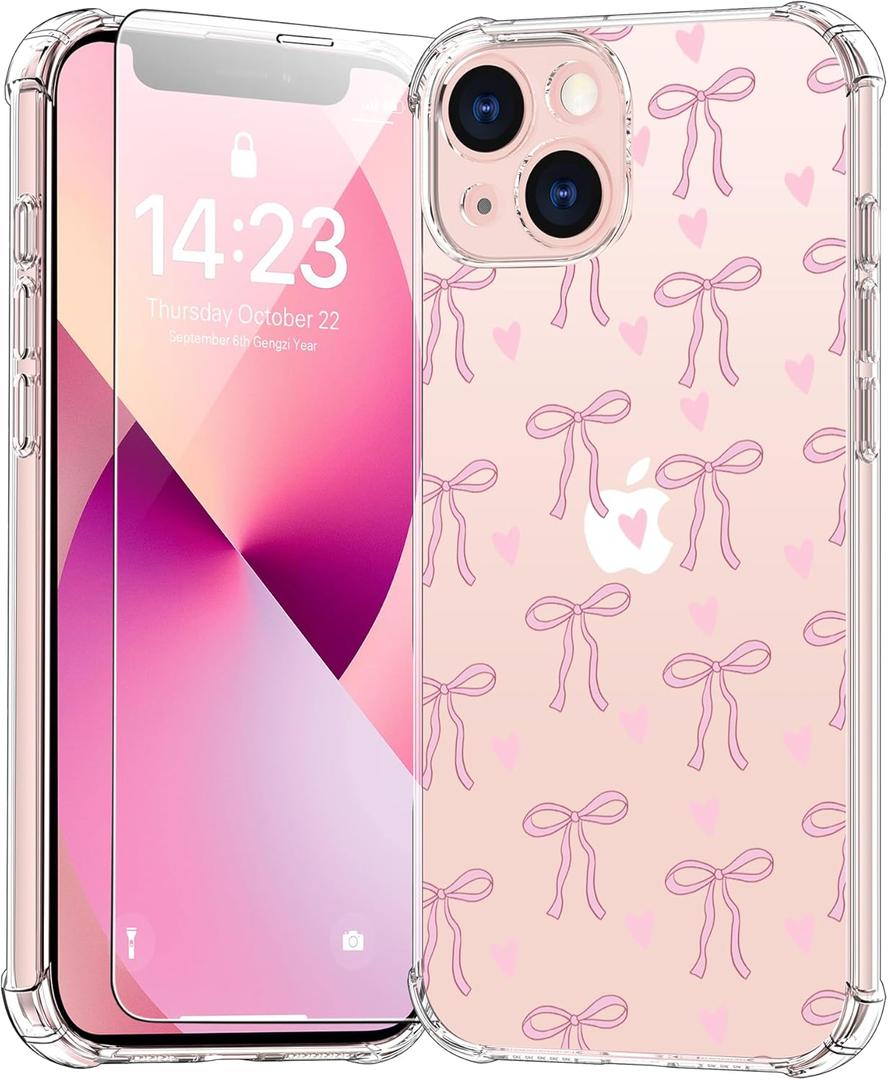 bicol for iPhone 14 Case with Screen Protector,Enhanced Camera Protection,Clear TPU Cover with Trendy Designs for Girls Women,Slim Fit Protective Phone Case,Pink Heart Ribbon Bow