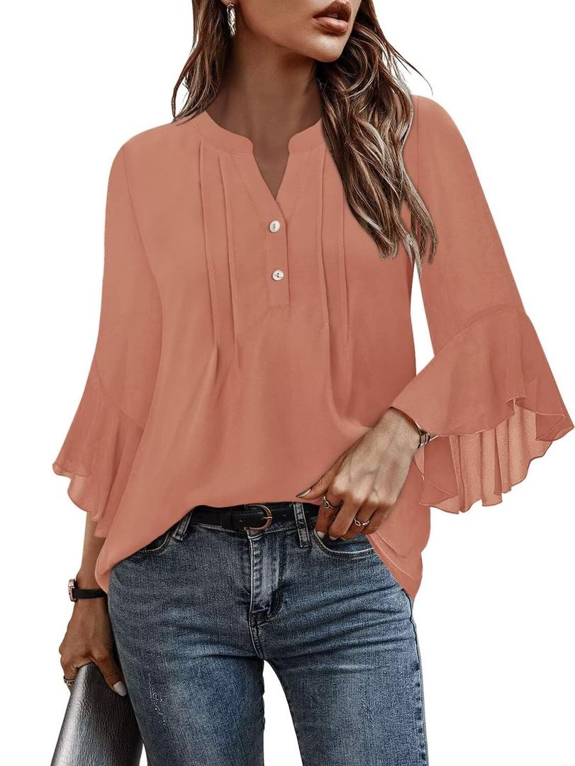 Angerella Pink Blouses for Women Dressy 3/4 Sleeve Formal Tops Business Casual Clothing Trendy 2025 Summer Office Attire Professional Work Shirts Cute Interview Wedding Outfits L (Pink, L)