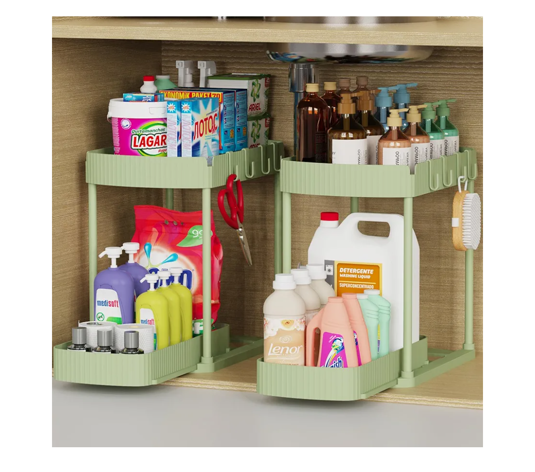 2 Pack Multi-Purpose Pull-Out Storage Organizers, Under Sink Organizers and Storage for Bathroom & Kitchen, Under Cabinet Organizers and Storage, 14.8 Inch, Green