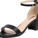 IDIFU Women's Cookie-LO Low Block Heels Chunky Sandals Ankle Strap Wedding Dress Pump Shoes(Black Pu, 9)