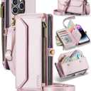 for iPhone 14 Pro Max Wallet Case with Zipper Card Holder & Crossbody Lanyard Strap & Wrist Strap, RFID Blocking PU Leather Magnetic Flip Handbag Purse Case for iPhone 14 Pro Max - Rose Gold
