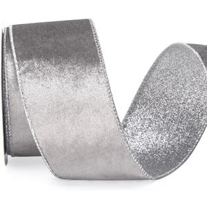 Ribbli Silver Velvet Wired Ribbon 2.5 Inch Silver Velvet with Silver Glitter Christmas Ribbon for Christmas Tree Decoration Big Bow Gift Wrapping Crafts Wreaths Supplies- 10 Yards