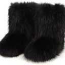 QMFUR Women's Furry Faux Fur Boots Fuzzy Fluffy Mid Calf Snow Boots Suede Warm Fur Lined Booties Flat Fashion Boots (8, Black 1)