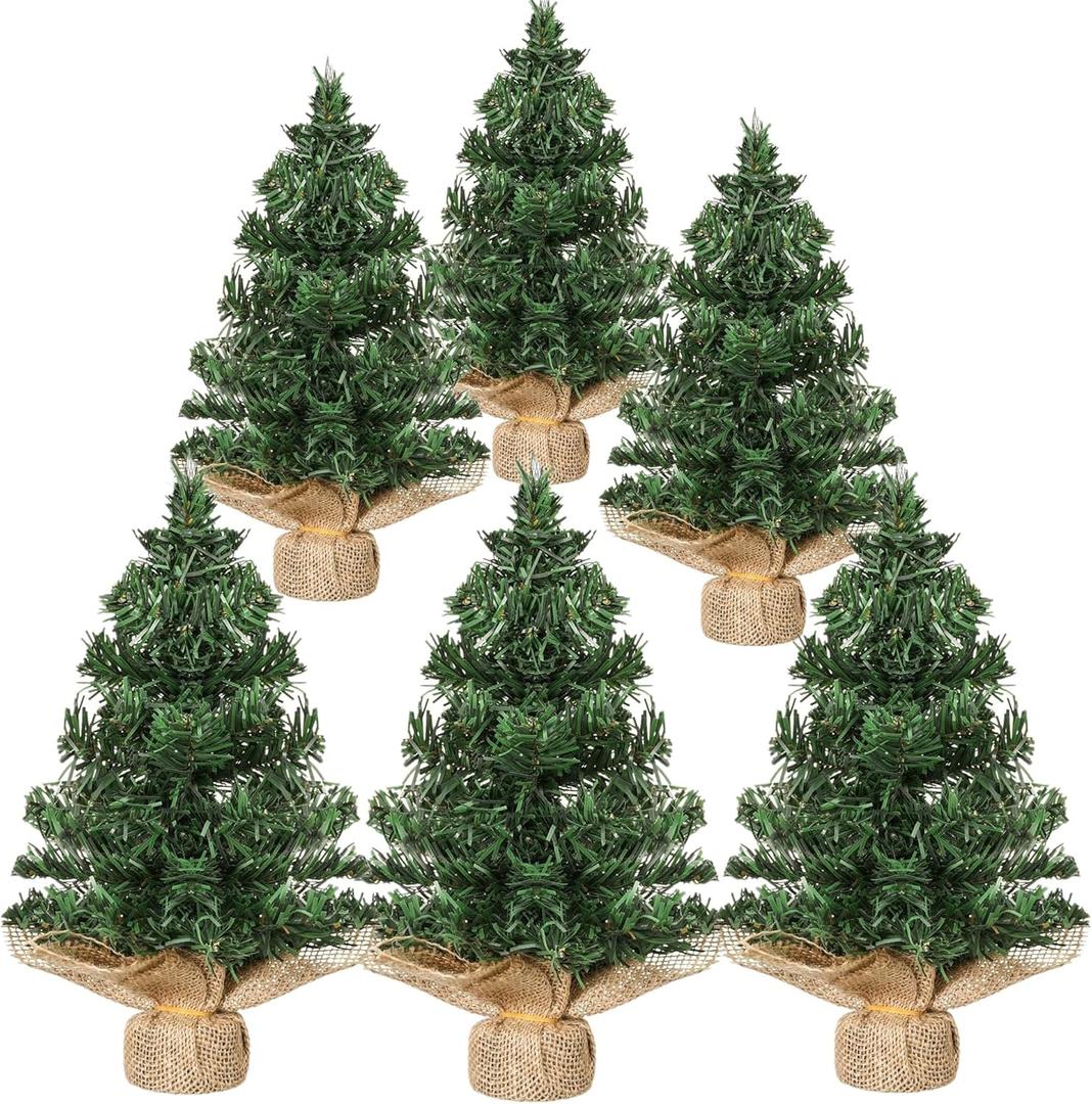 Jylucky 6 PCS Tabletop Mini Christmas Tree, 7.87" / 11.81" Miniature Pine Christmas Trees with Linen Base, Small Artificial Christmas Tree for Mantel Home Table Holiday Decorations (6PCS Style B)
