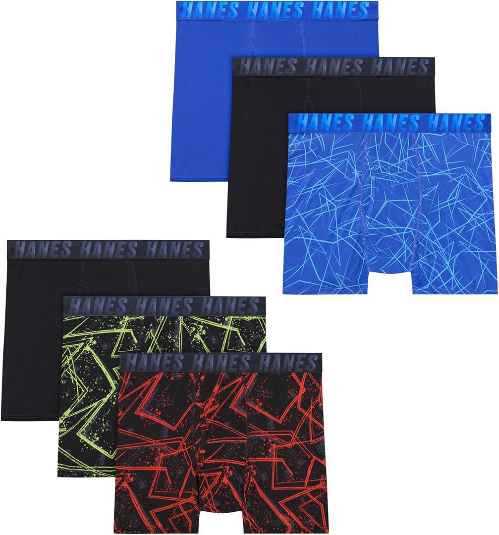 Hanes Moves Breathable Underwear, Performance Stretch Boxer Briefs for Boys, Moisture-Wicking, 6-pk (Blue/Black/Red/Lime Print) XL