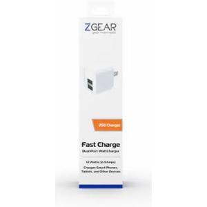 ZGear USB Charger Fast Charge Dual Port Wall Charger 12 Watts 2.4 Amps (White)