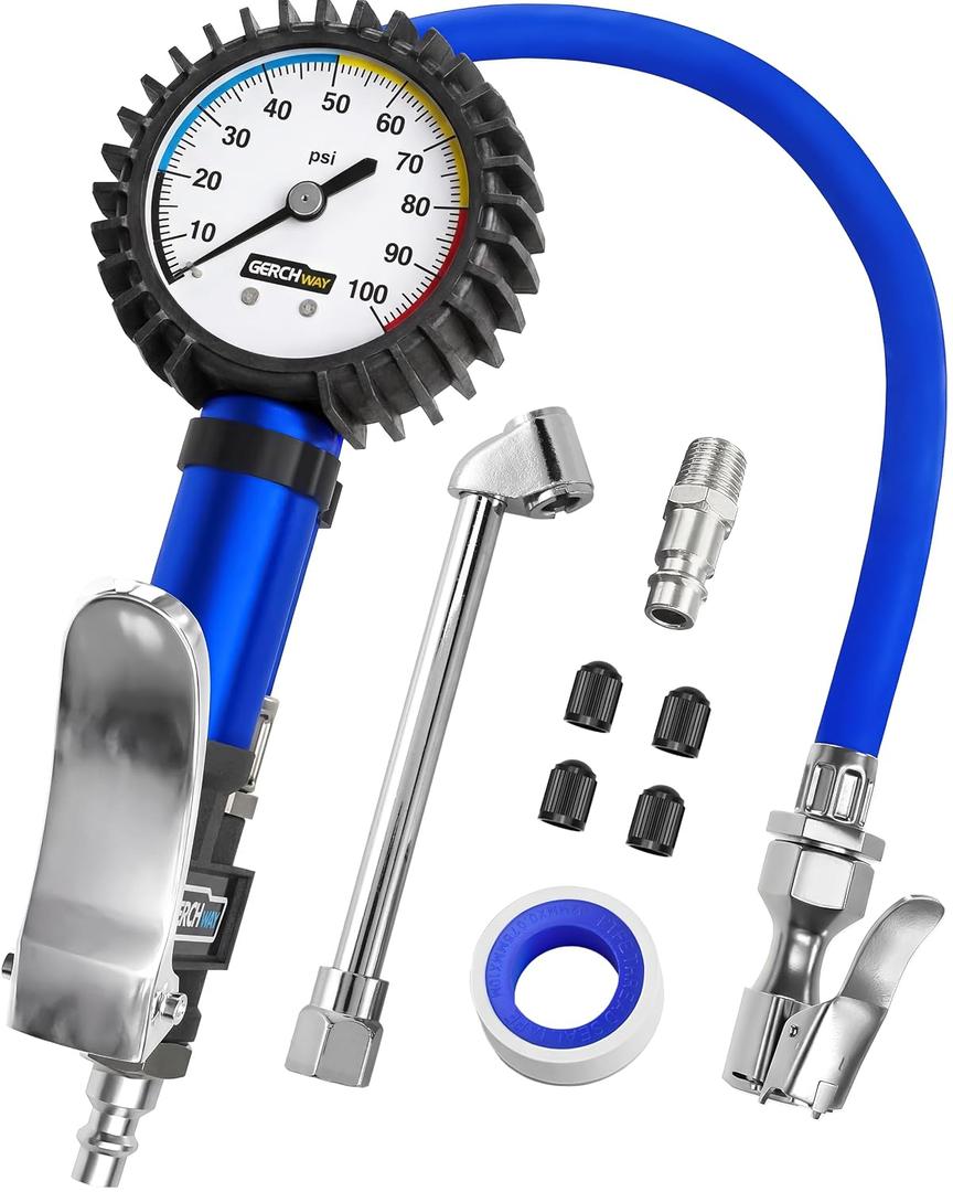 GERCHWAY Tire Inflator with Pressure Gauge and Longer Hose - Most Accurate, Heavy Duty Air Chuck with Gauge for Air Compressor Tire Inflator Attachment - 100PSI