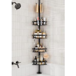 Rustproof Corner Shower Caddy Tension Pole, 4 Large Baskets for Bathtub Shampoo Storage Organizer Bathroom Height Adjustable Shelves from 23.6 to 114.5 Inch with Towel Bar (Black)