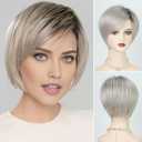 RENERSHOW Blonde Short Hair Wigs for White Women Layered Ombre Platinum Pixie Bob Wig with Bangs Straight Realistic Synthetic Natural Daily Party Hair Replacement Wig
