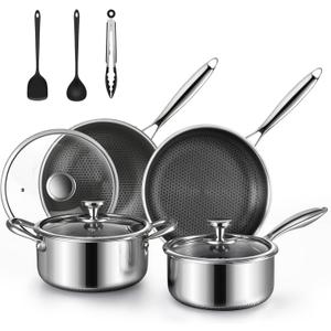 Non Stick Pots and Pan Set, 10 Pcs Hybrid Stainless Steel Cookware Set with Lids, Kitchen Skillet, Stock Pot, Nonstick Frying Pan, PFOA-free Kitchen Cooking Utensils,Induction,Dishwasher Safe