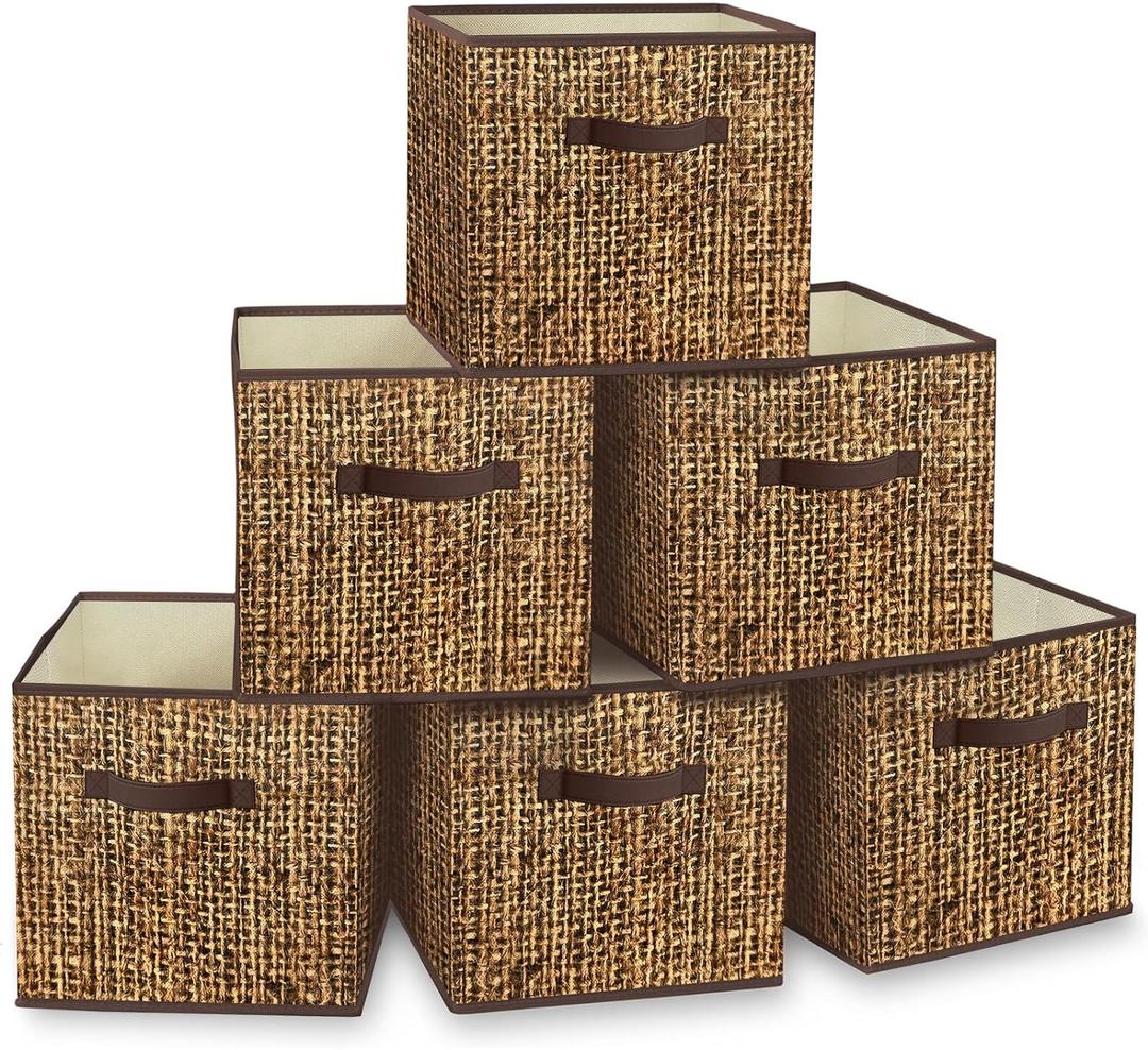 homyfort 12x12 Cube Storage Bins - Fabric Cubby Bins with Dual Handles, Collapsible Storage Organizer for Shelf, Closet, Nursery, Set of 6 PRINTING instead of Rattan Weaving (12inch)
