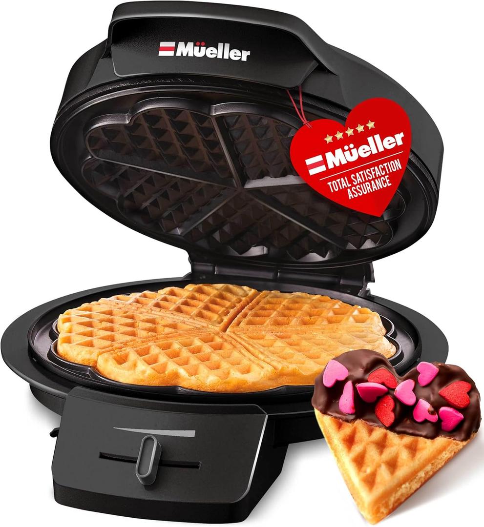 Mueller Heart 5 Waffle Maker, Norwegian Waffle Iron, Adjustable Browning Control & Nonstick, Cool Touch Handle, Easy to Clean, Small Kitchen Appliances, Black 
