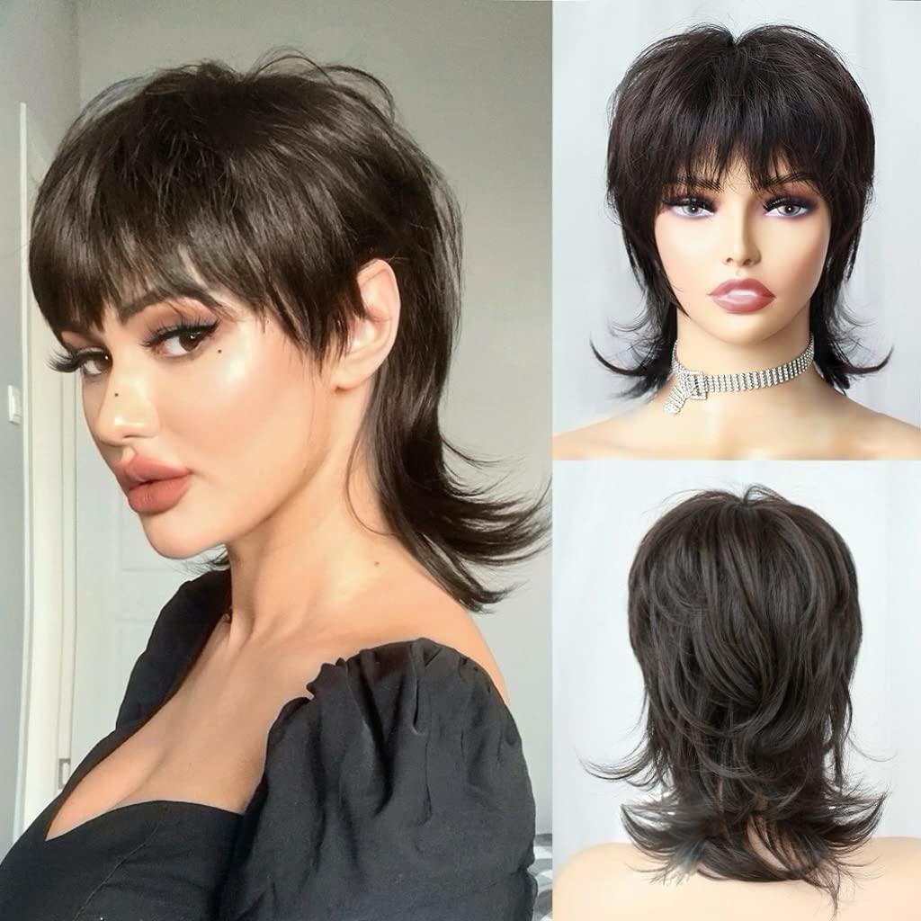 Short Brown Shaggy Layered 80s Mullet Pixie Cut Wig With Bangs Curly Wolfcut Synthetic Funny Natural Fake Hair Replacement Wigs for Black Women Adult Daily Party Cosplay Halloween Costume Use (Dark Brown-4#)