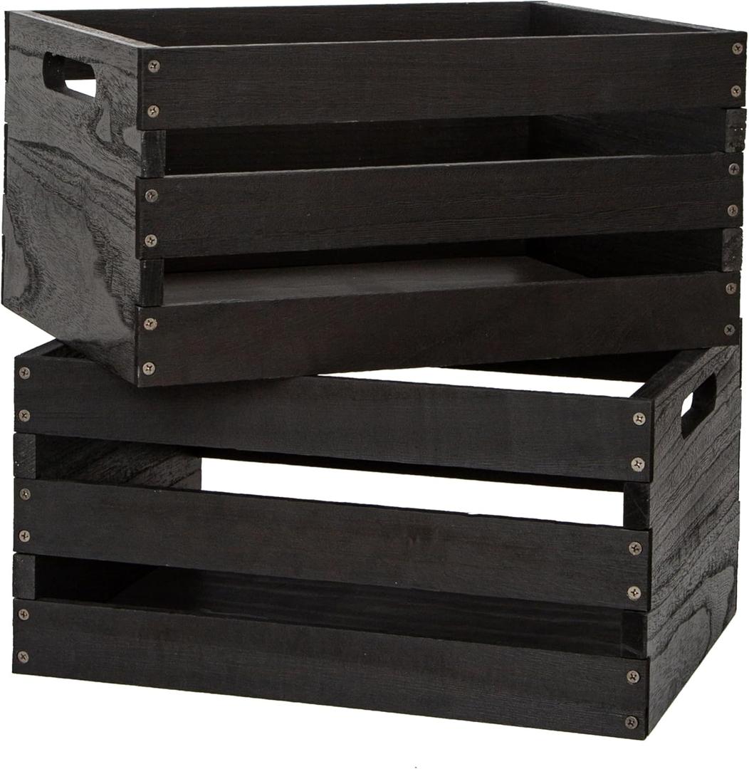 Rustic Vintage Black Wooden Storage Crates Set, 2 Pack , 16.5 X 12 X 8.3''wood crate boxHandmade Farmhouse Decorative Crate with Handles for Books, Clothes Storage & Display