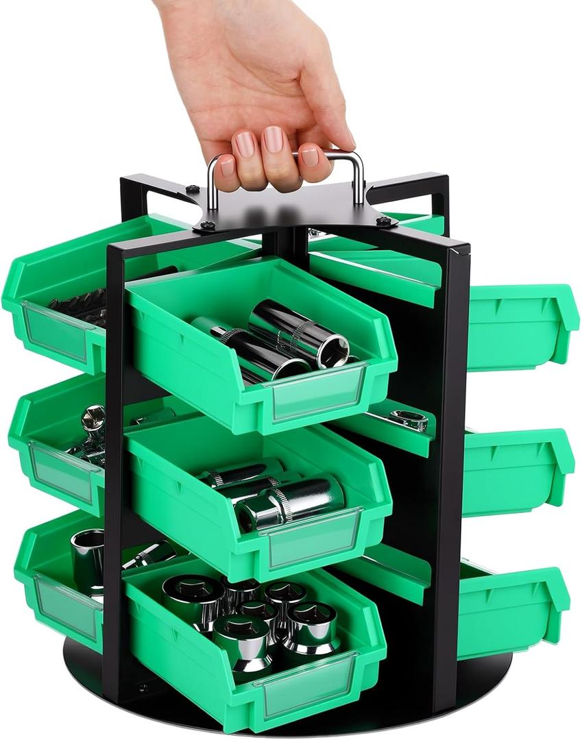 Geelin Rotating Storage Bins Tool Organizer 3 Tiers Hardware Crafts Small Parts, Nuts and Bolts, Revolving 12 Bins Storage for Workshop, Shed, Garage, Home(Green)