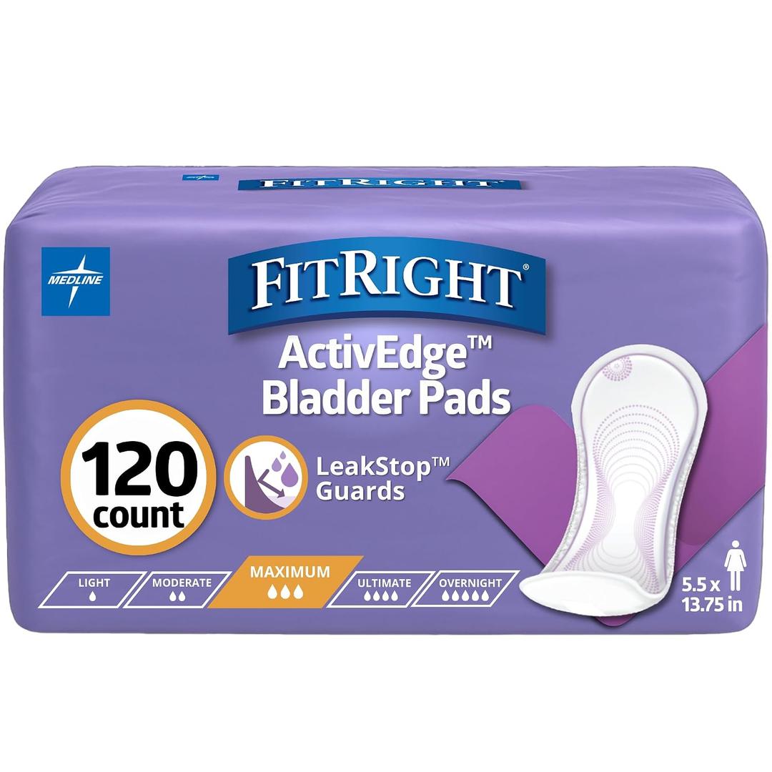 FitRight Incontinence Bladder Control Pads, Maximum Absorbency, 5.5" x 13.75", 10 Count 12 Pack