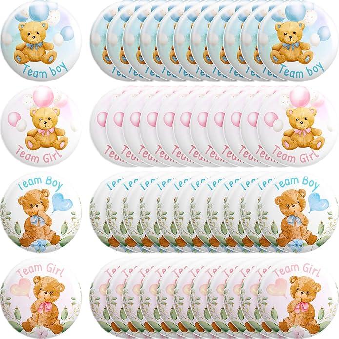 Spakon 48 Pieces Bear Gender Reveal Buttons Team Boy Girl Button Pins Bear Gender Reveal Favors in Pink and Blue for Baby Shower Party Game Supplies, 4 Styles, 1.47 Inch