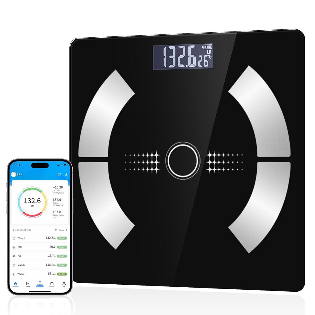 Smart Body Fat Scale - Accurate Digital Bathroom Scale with Bluetooth, 16 Essential Measurements Including Muscle Mass, Bone Mass, Body Water, BMI, and Visceral Fat【Black】