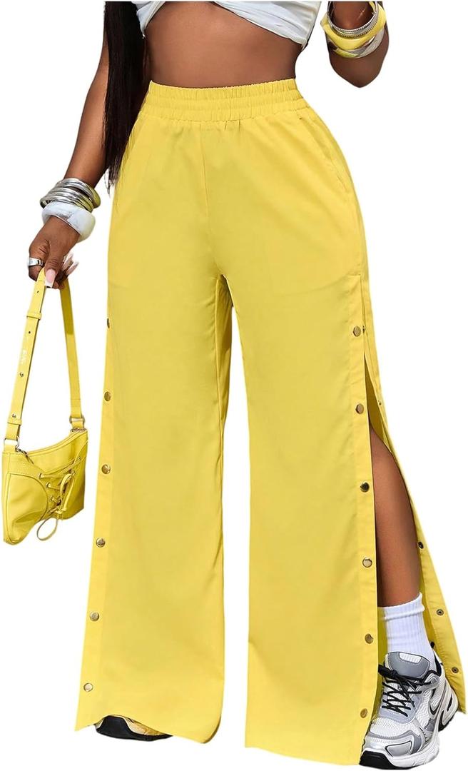 Verdusa Women's Button Down Slit Wide Leg Pants Streetwear Loose Trousers with Pockets (Yellow)