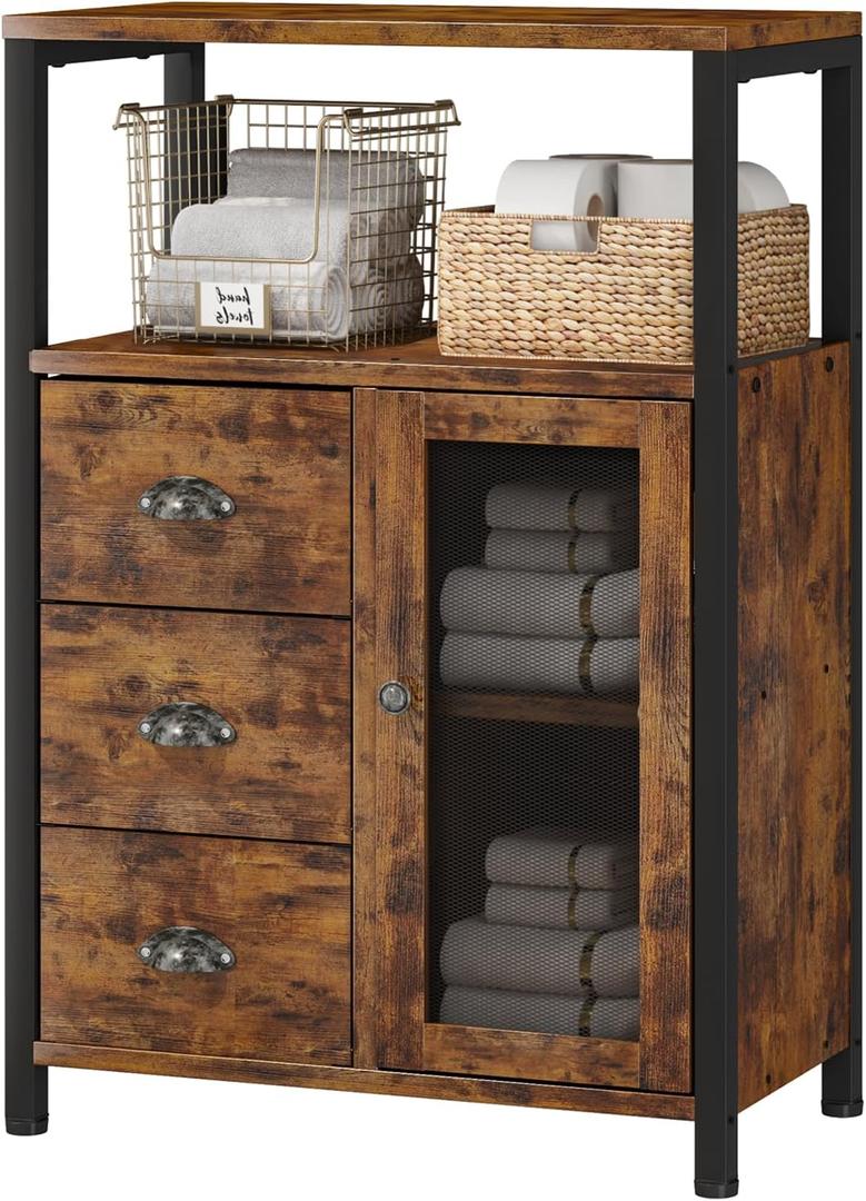 Homeiju Storage Cabinet, Bathroom Storage Cabinet Organizer with 3 Removable Drawers and 1 Door, Industrial Floor Storage Cabinet for Kitchen, Living Room, Bathroom, Home Office