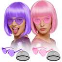 MEEZY 2 Pcs Colorful Bob Wigs with Bangs Pink Purple for Women, Neon Funny Wig Short Bob Hair with Heart Sunglasses Hair Cap for Halloween Costume Cosplay Birthday Bachelorette Party Carnival