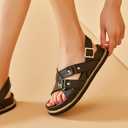 BEAU TODAY Flat Sandals for Women, Fashion Strappy Sandal Comfortable Arch Support, Open Toe Beach Dressy Leather Summer Platform Sandals (8.5, Black-1)